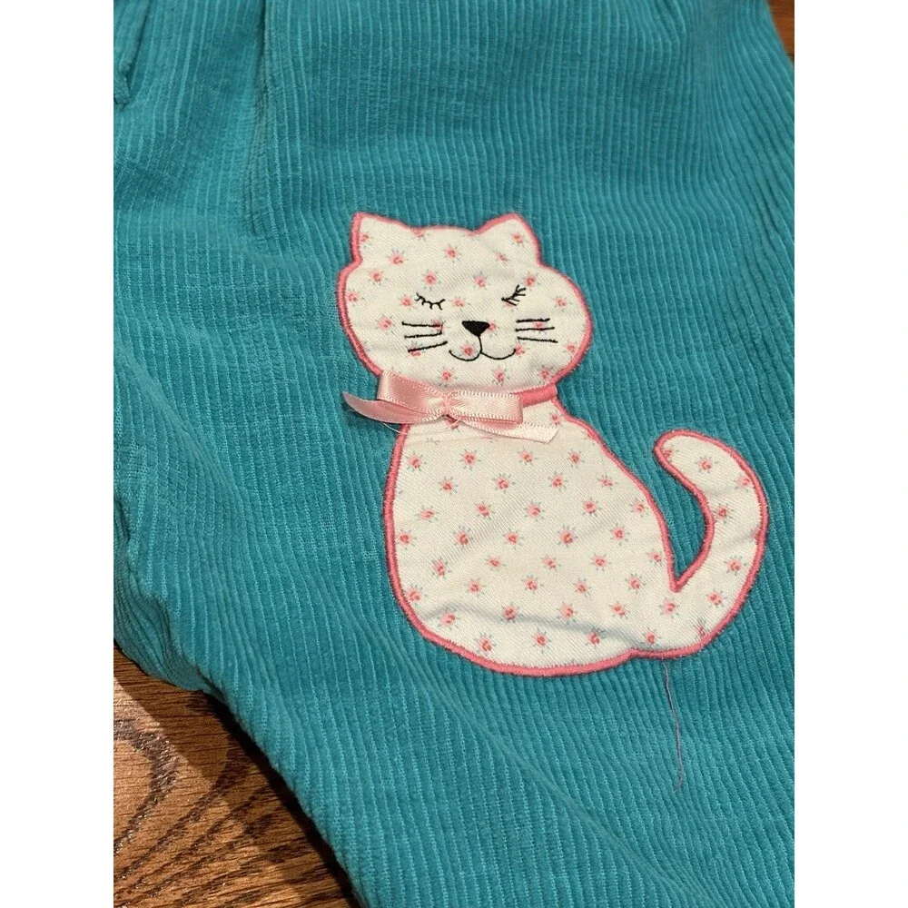 Vtg 80s Girl Corduroy Overalls Size 12 Months  Teal Pink Cat  Heart Buttons